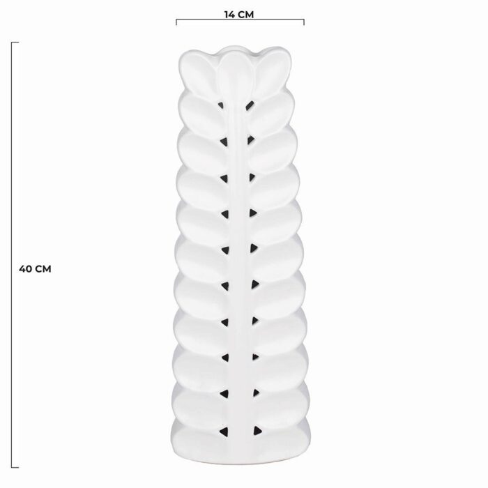 detalii dimensiuni Vaza alba din ceramica cu design special in forma de frunza si finisaj mat dimensiuni 14x8x40 cm NordicLeaf brand ourplace