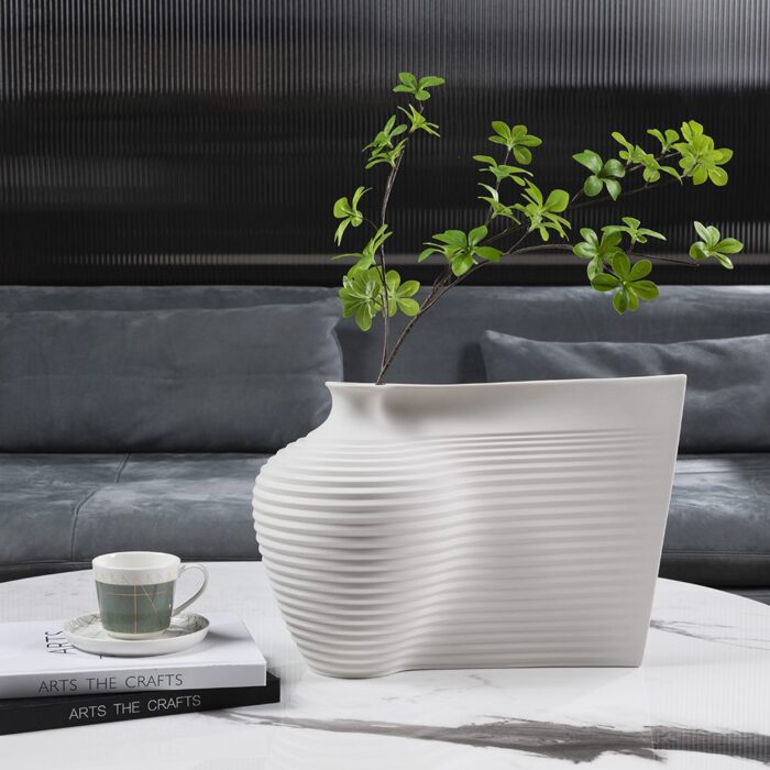 Vaza alba din lut stil modern minimalist decor gri floare verde White Dune 42x20x27.5 cm brand ourplace