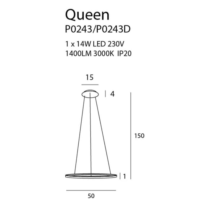 Lampă Suspendată Maxlight QUEEN, 1 x 3W LED 285 LM, Ø: 7,5 cm, H: max 190 cm, Culoare Crom