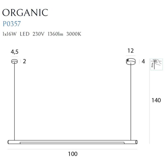Lampă Suspendată Maxlight ORGANIC, 1 x 16W LED , 1360 LM, L: 100 cm, H: max 150 cm, Culoare Alb