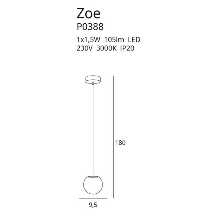 Lampă Suspendată Maxlight ZOE, 1 x 1,5W, 105 LM, Ø: 9,5 cm, H: max 180 cm, Culoare Crom