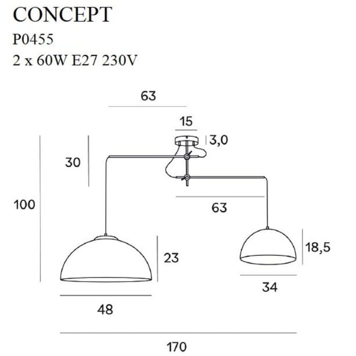 Lampă Suspendată Maxlight CONCEPT, 2 x 60W E27, L: 170 cm, l: 48 cm, H: 100 cm, Culoare Negru