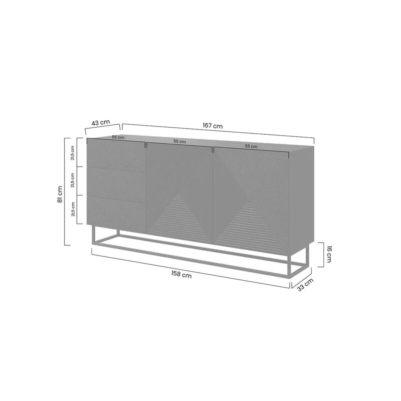 Comoda Asha 167 cm Bază Metalicăă, Stejară, Negru Mat