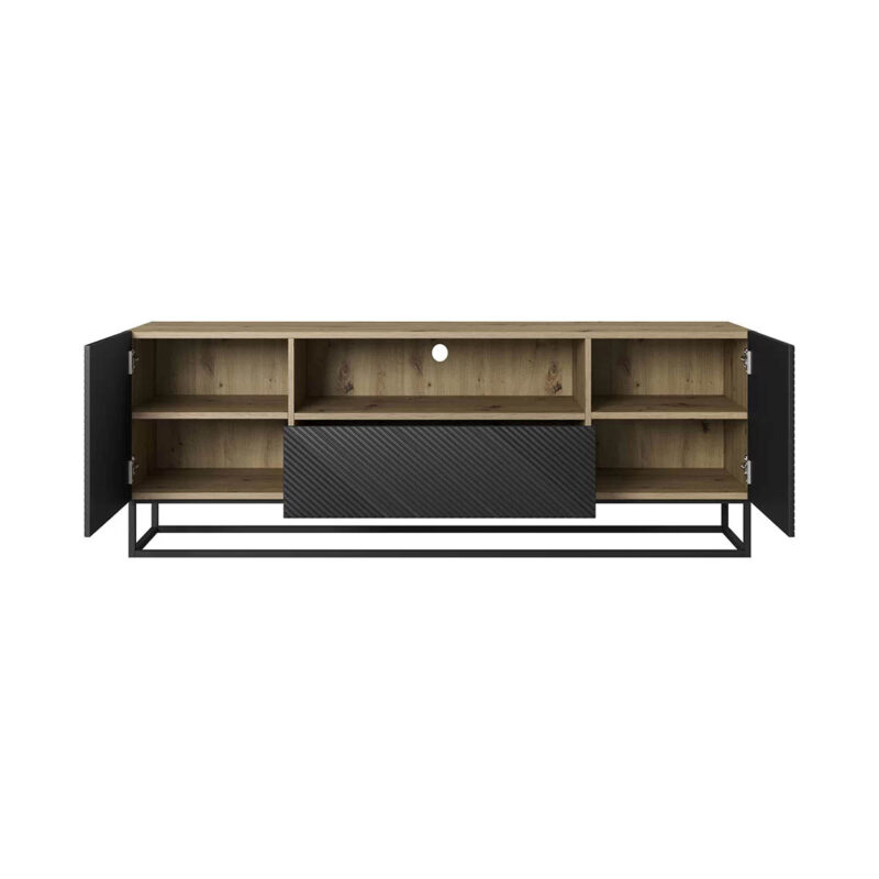 Comodă TV Asha 167 cm, Metal, Negru Mat, Stejar