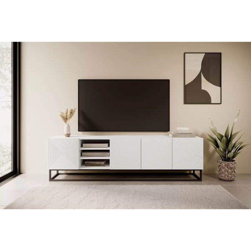 Comodă TV Asha 200 cm Bază Metalică Alb Mat