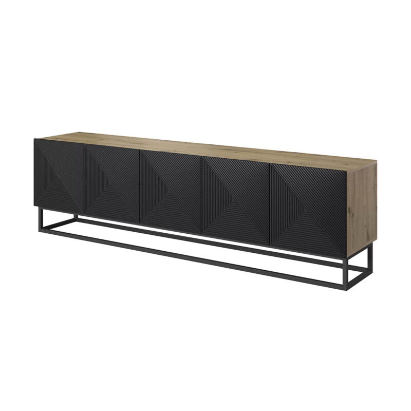 Comodă TV Asha 200cm, Bază Metalică, Stejar, Negru Mat