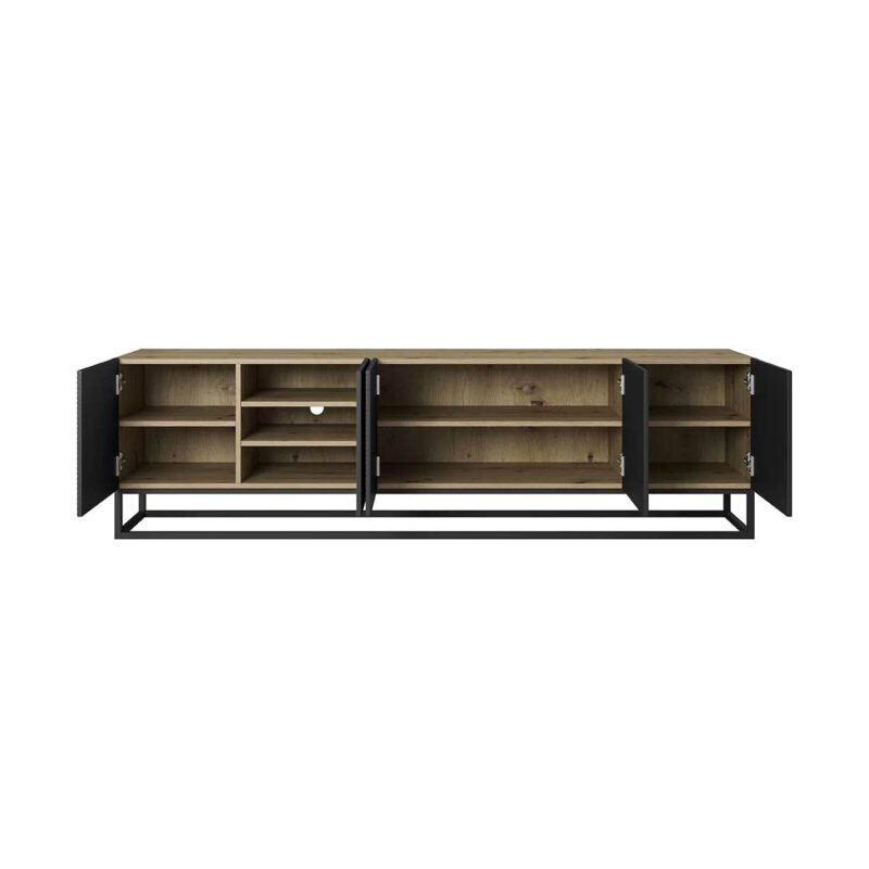 Comodă TV Asha 200cm, Bază Metalică, Stejar, Negru Mat