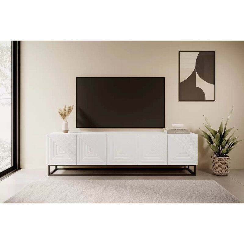 Comodă TV Bază Metalică Asha 200 cm - Alb Mat