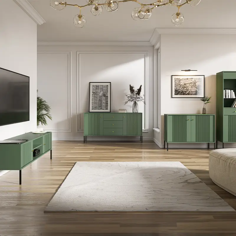Living room modern cu mobilier de culoarea verde si culori pastelate